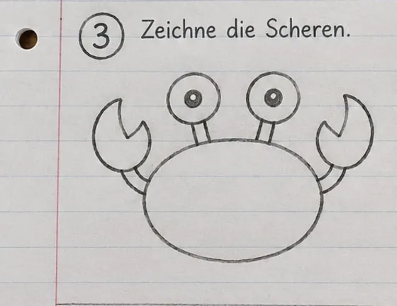 Feld 3: Zwei Arme mit offenen Scheren links und rechts vom Körper.
