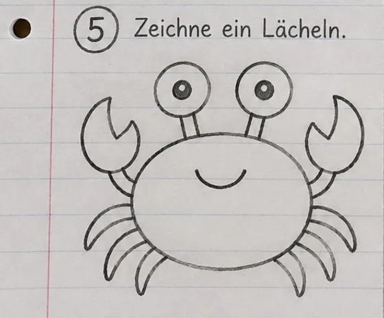 Feld 5: Fertige Strichzeichnung des Krebses mit einem Lächeln.