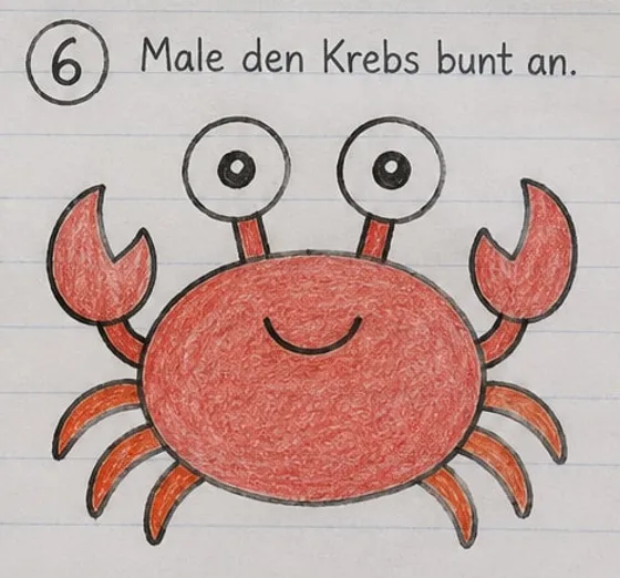 Feld 6: Der Krebs rot ausgemalt, mit orangefarbenen Beinen und weißen Augen.