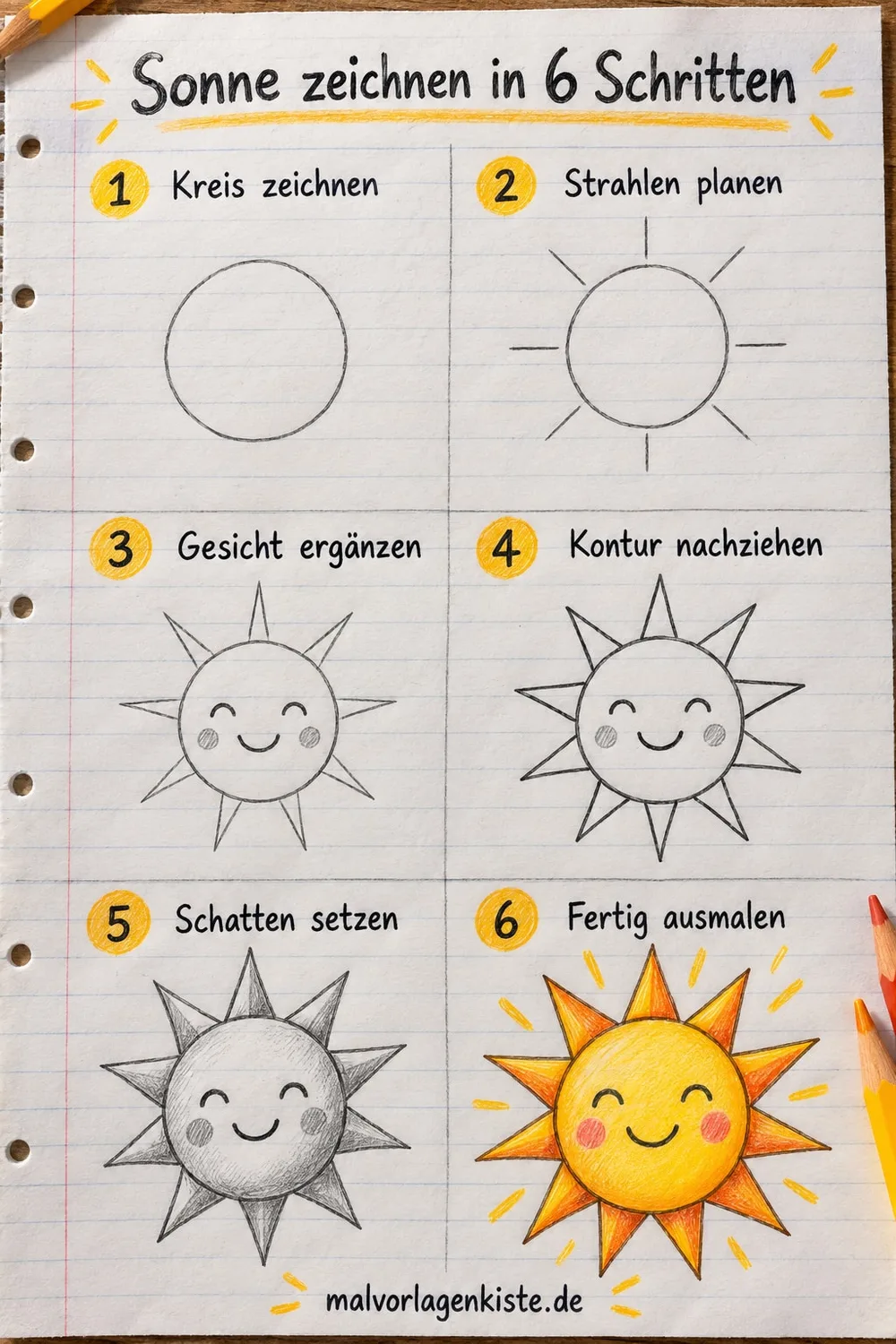 Anleitungsblatt: lachende Sonne mit Zackenkranz in 6 Schritten, im fünften Feld mit Bleistift schattiert und im letzten Feld bunt ausgemalt.