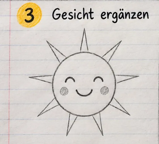 Sonne mit dünnen, spitzen Zacken rundherum und lachendem Gesicht mit grauen Bäckchen.