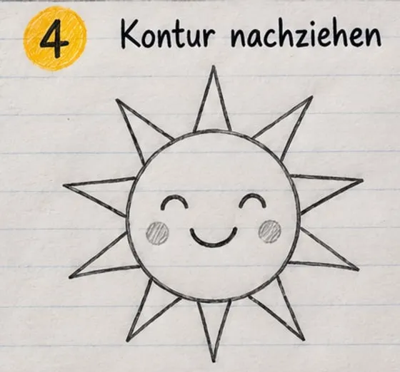 Sonne mit kräftig nachgezogenem Kreis und einem Kranz aus breiteren, längeren Zacken.
