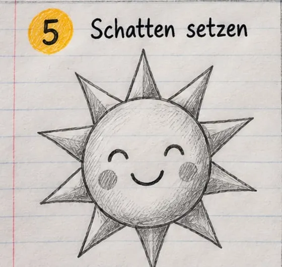 Mit Bleistift schattierte Sonne, Rand und Zackenseiten grau, Mitte hell.