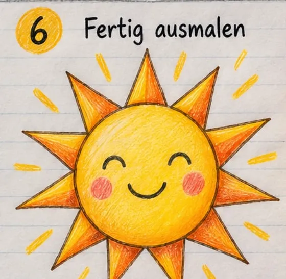 Fertig ausgemalte Sonne in Gelb und Orange mit rosa Bäckchen und gelben Strahlstrichen.