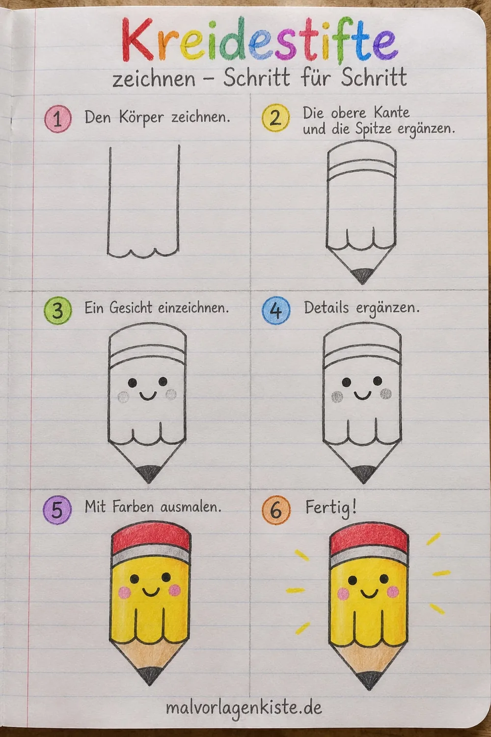 Anleitungsblatt: lachender Stift in 6 Schritten, in den letzten beiden Feldern gelb und rot ausgemalt.
