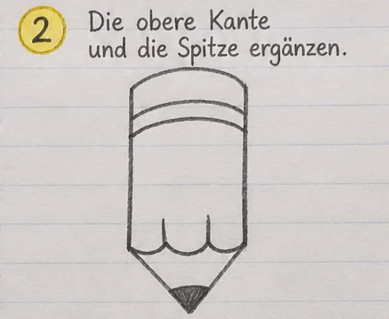 Stift mit runder Kappe, zwei Streifen, kurzen Strichen über dem gewellten Rand und spitzer Spitze mit dunkler Mine.