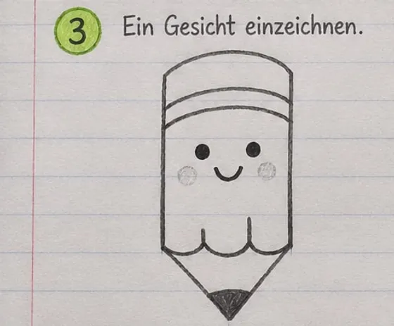 Stift mit lachendem Gesicht aus Punktaugen, Lächeln und Bäckchen.