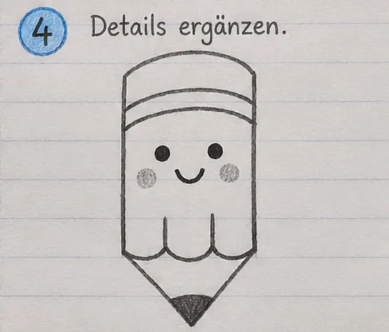 Stift mit Gesicht, die Striche über der Wellenlinie reichen jetzt weiter nach oben.