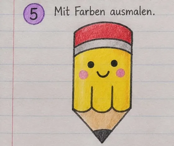 Bunt ausgemalter Stift mit roter Kappe, gelbem Körper, Holzspitze und rosa Bäckchen.
