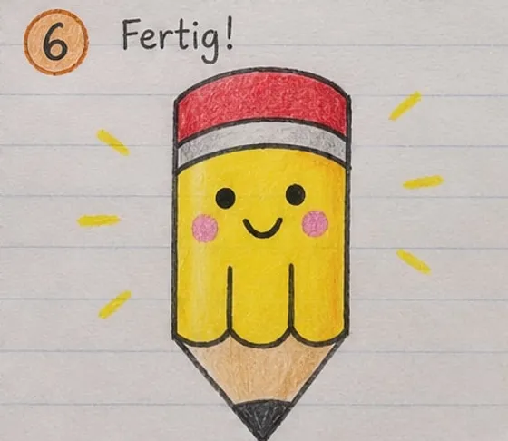Fertiger lachender Stift mit gelben Strahlstrichen ringsherum.