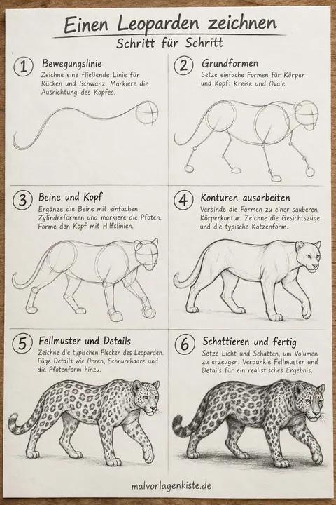 Anleitungsblatt: gehenden Leoparden realistisch zeichnen in 6 Schritten, von der Bewegungslinie bis zum Fleckenmuster, im letzten Feld mit Bleistift schattiert.