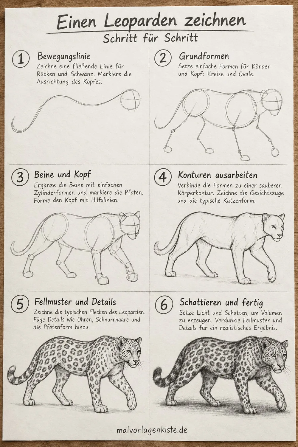 Anleitungsblatt: gehenden Leoparden realistisch zeichnen in 6 Schritten, von der Bewegungslinie bis zum Fleckenmuster, im letzten Feld mit Bleistift schattiert.