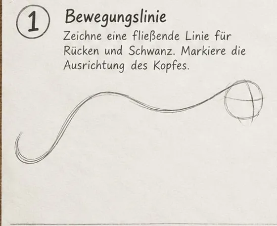 Feld 1: fließende Bewegungslinie für Rücken und Schwanz, rechts ein Kreis mit Kreuzlinien für den Kopf.
