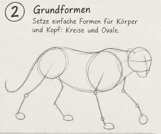 Feld 2: Kreise für Brust und Hüfte, Kopf, Beine als Linien mit Gelenkpunkten und ovalen Pfoten in Schrittstellung.