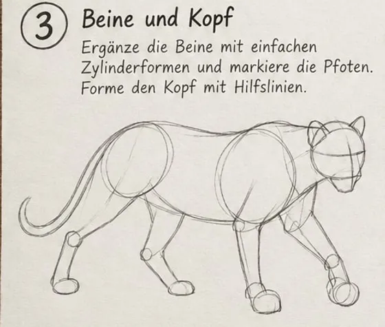 Feld 3: Beine als Zylinder mit Pfoten, Kopf mit Ohren, Schnauzenblock und Hilfslinien, Körperkreise noch sichtbar.