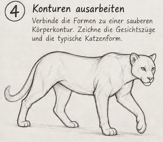 Feld 4: saubere Kontur des gehenden Leoparden mit gestrecktem Körper, Gesicht mit Augen und Nase, ohne Hilfslinien.