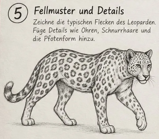 Feld 5: Leopard mit Rosetten am Körper, kleinen Punkten an Kopf und Beinen, Schnurrhaaren und ausgearbeiteten Pfoten.