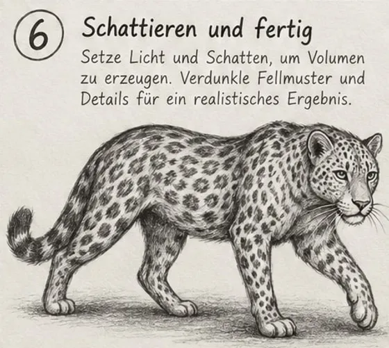 Feld 6: fertig schattierter Leopard mit dunkleren Rosetten, getöntem Fell, hellem Gesicht und Schatten am Boden.