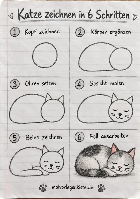 Anleitungsblatt: liegende, schlafende Katze zeichnen in 6 Schritten, vom Kreis bis zum gefleckten Fell, im letzten Feld mit Schatten ausgearbeitet.