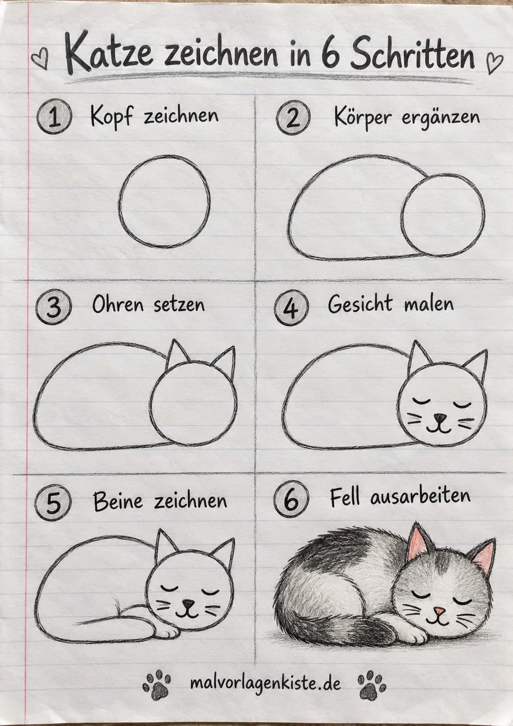 Anleitungsblatt: liegende, schlafende Katze zeichnen in 6 Schritten, vom Kreis bis zum gefleckten Fell, im letzten Feld mit Schatten ausgearbeitet.