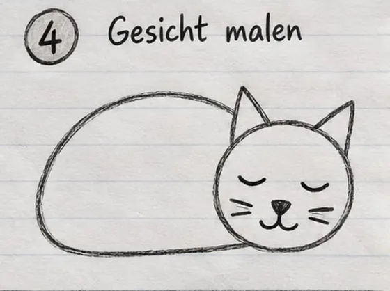 Feld 4: geschlossene Augen als Bögen, kleine Nase, w-förmiger Mund und Schnurrhaare.