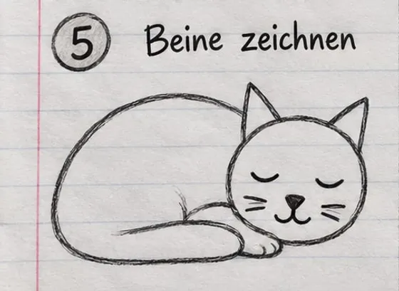 Feld 5: fertige Strichzeichnung mit Vorderpfote, angedeutetem Hinterbein und Schwanz um den Körper.