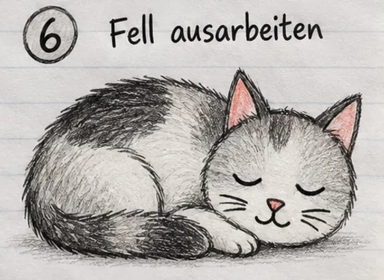 Feld 6: die Katze mit grauem Fell, dunklen Flecken, rosa Ohren und Schatten darunter.