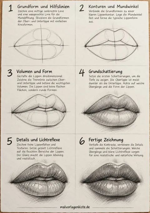 Anleitungsblatt: Lippen realistisch zeichnen in 6 Schritten, von Hilfslinien und Kreisformen bis zum fertig schattierten Mund mit Glanzlichtern.
