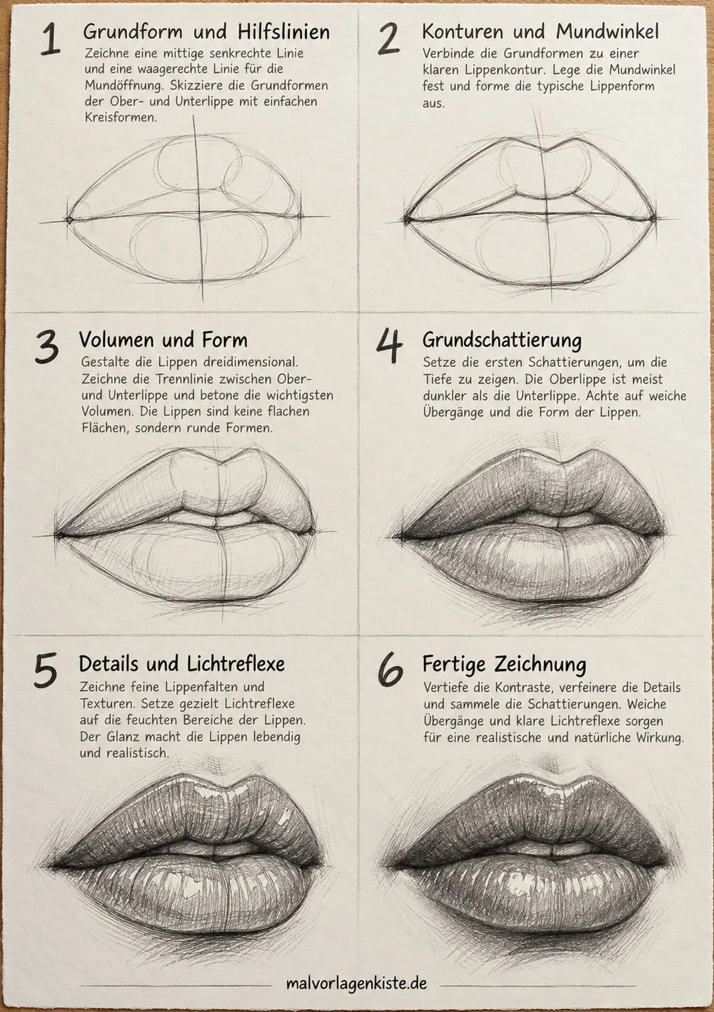Anleitungsblatt: Lippen realistisch zeichnen in 6 Schritten, von Hilfslinien und Kreisformen bis zum fertig schattierten Mund mit Glanzlichtern.