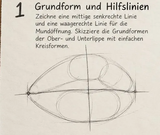 Feld 1: Achsenkreuz mit Mundwinkeln, darüber drei Kreisformen für die Oberlippe, darunter zwei Ovale für die Unterlippe, außen eine lockere Umrisslinie.