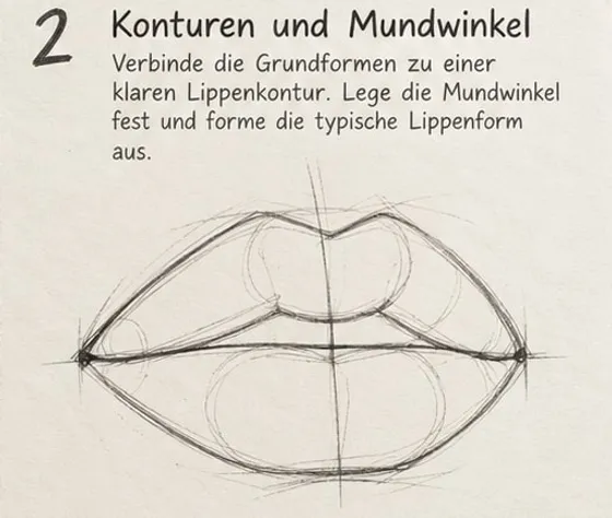Feld 2: klare Lippenkontur mit Amorbogen, welliger Mundspalte und betonten Mundwinkeln, die Hilfskreise noch schwach sichtbar.