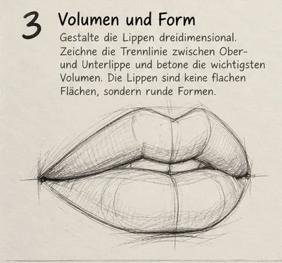 Feld 3: Lippen mit ausgearbeiteter Trennlinie, leichten Formlinien auf beiden Lippen und den Mittelteilen der Lippen.