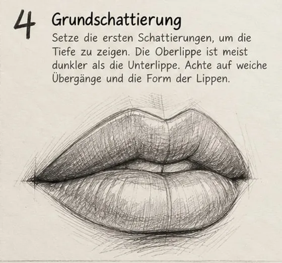 Feld 4: Lippen mit dunkler schattierter Oberlippe, hellerer Unterlippe und tiefschwarzer Mundspalte.