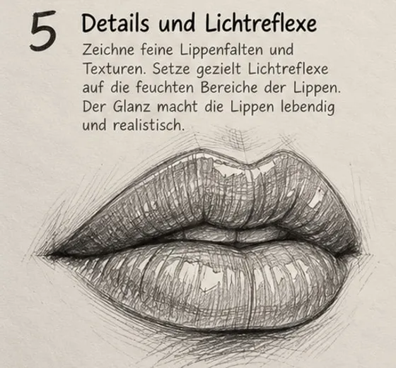 Feld 5: Lippen mit vielen feinen Falten und hellen, glänzenden Lichtreflexen auf der Unterlippe.