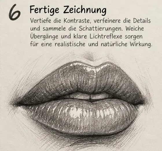 Feld 6: fertige realistische Lippen mit weichen Übergängen, starken Kontrasten, Glanzlichtern und einem Schatten unter der Unterlippe.