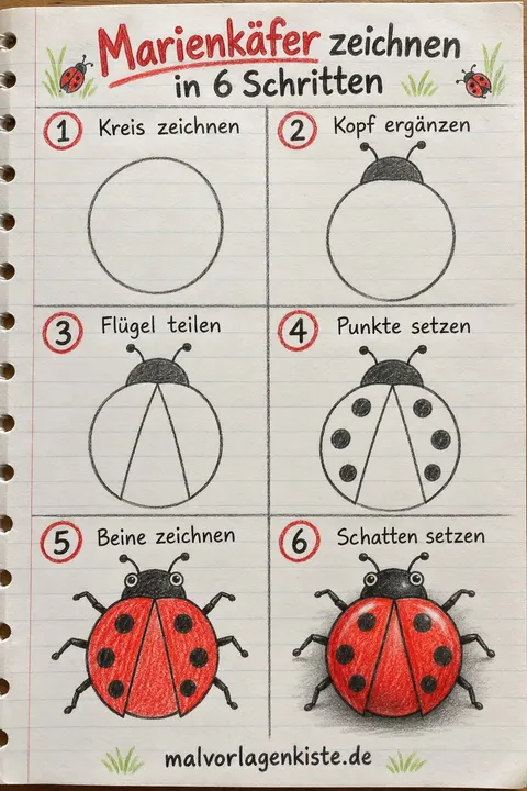 Anleitungsblatt: Marienkäfer zeichnen in 6 Schritten, in den letzten beiden Feldern rot ausgemalt.