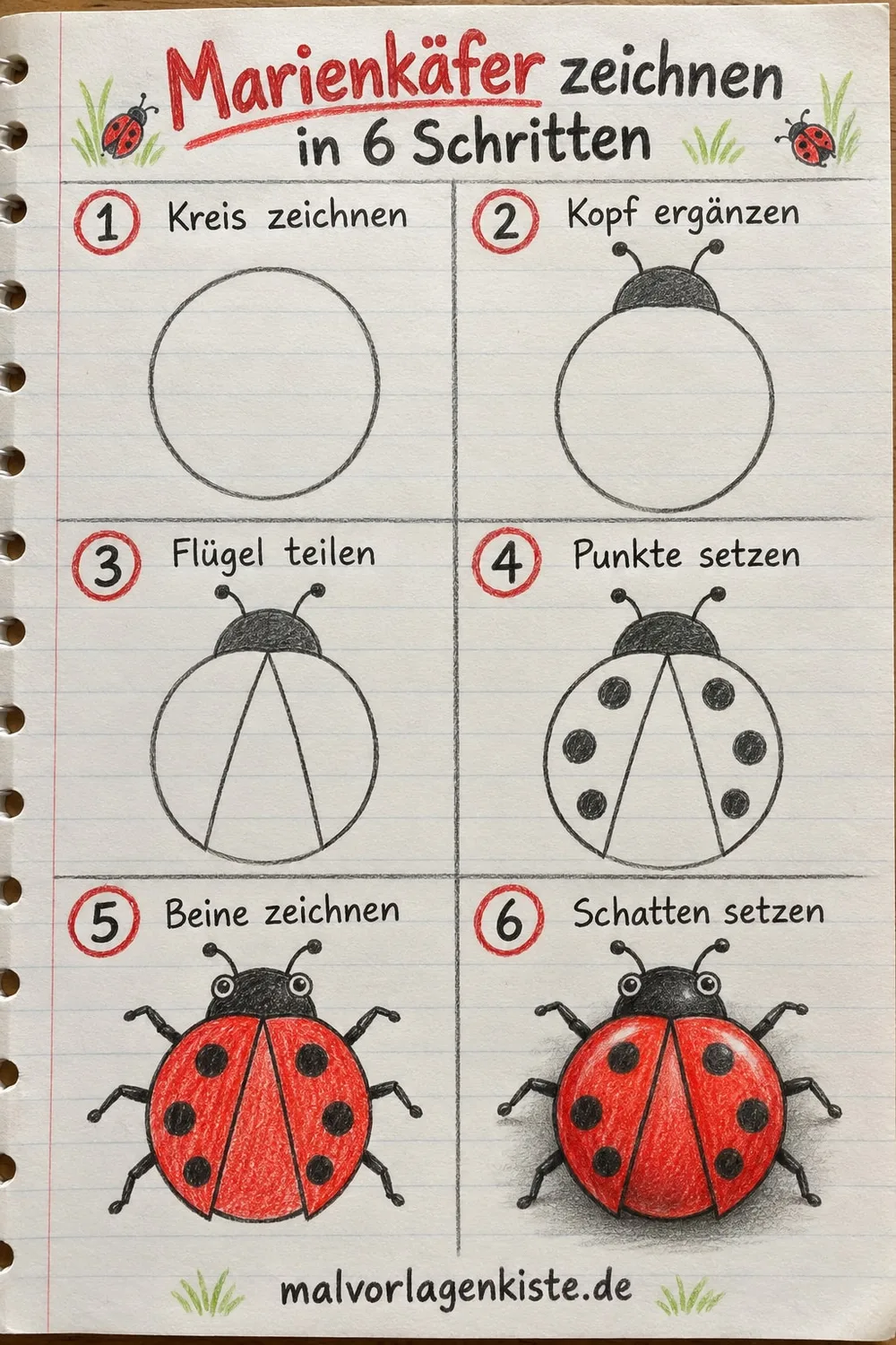 Anleitungsblatt: Marienkäfer zeichnen in 6 Schritten, in den letzten beiden Feldern rot ausgemalt.