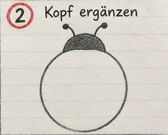 Feld 2: Schwarzer, halbrunder Kopf mit zwei Fühlern oben auf dem Kreis.