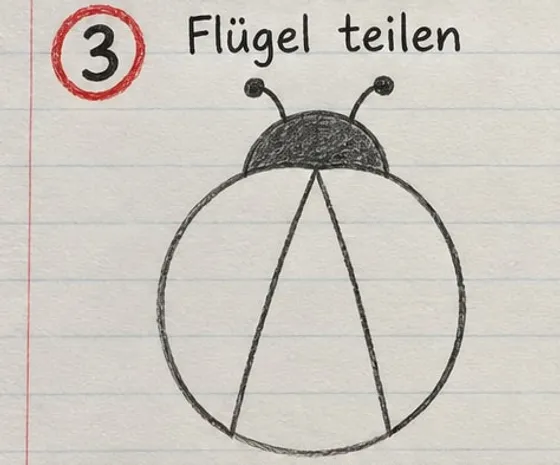 Feld 3: Zwei Linien vom Kopf nach unten teilen den Körper in zwei Flügel.