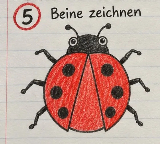 Feld 5: Marienkäfer mit sechs Beinen, weißen Augen und rot ausgemalten Flügeln.