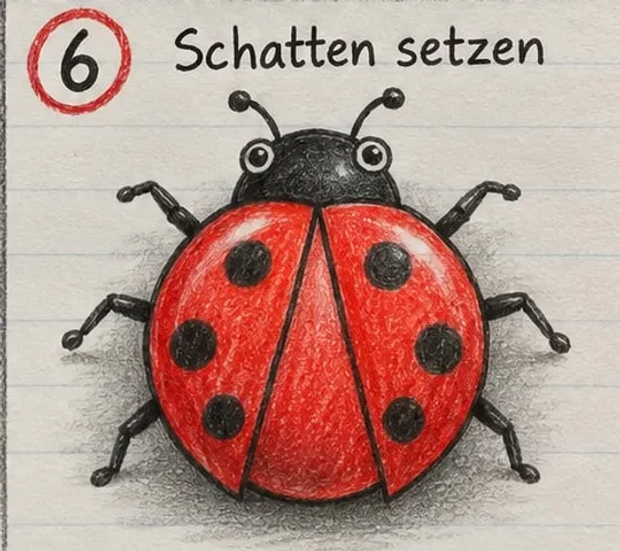 Feld 6: Roter Marienkäfer mit Glanzpunkten und einem Schatten unter dem Körper.