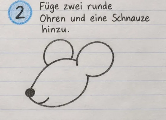 Feld 2: zwei runde Ohren, eine schwarze Nase an der Spitze und ein lächelnder Mund.