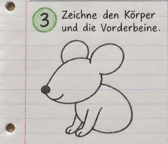 Feld 3: runder Körper unter dem Kopf und zwei Vorderbeine mit Zehen.