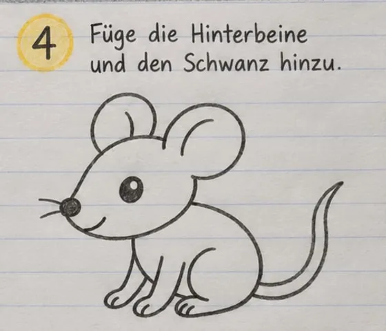 Feld 4: Hinterbein mit langem Fuß, ein langer, geschwungener Schwanz, ein Auge und erste Schnurrhaare.