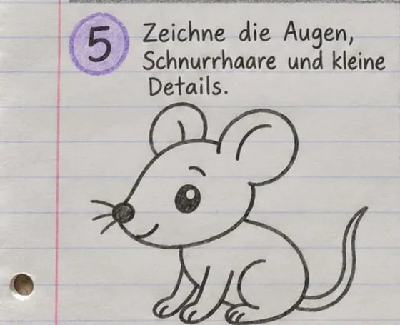Feld 5: fertige Strichzeichnung mit Auge, Augenbraue, Schnurrhaaren und Innenlinien in den Ohren.