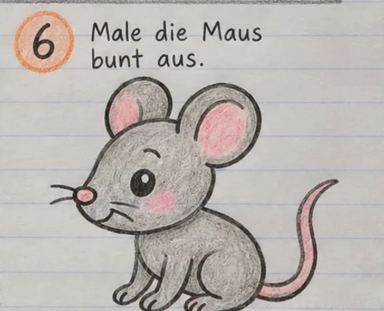 Feld 6: die Maus grau ausgemalt, mit rosa Ohren, Nase, Wangen und Schwanz.