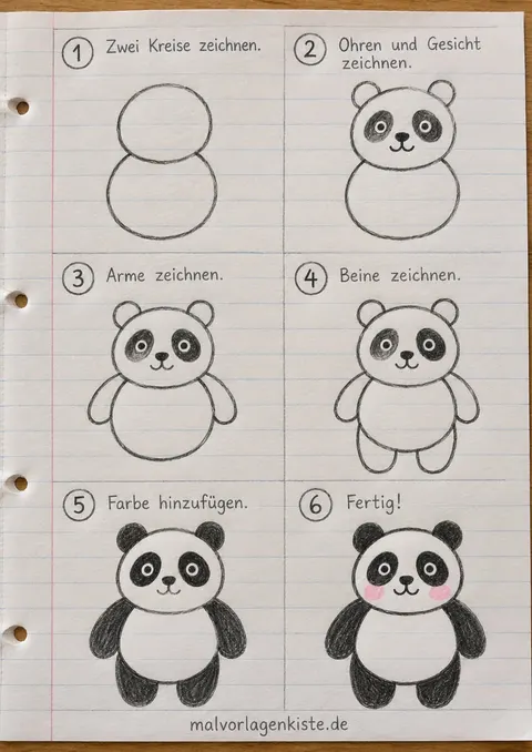 Anleitungsblatt: Panda zeichnen in 6 Schritten, von zwei Kreisen bis zum schwarz-weißen Panda, im letzten Feld mit rosa Wangen fertig ausgemalt.