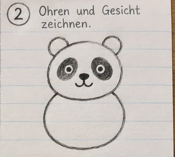 Feld 2: runde Ohren, dunkle Augenflecken mit Augen, Nase und Mund.