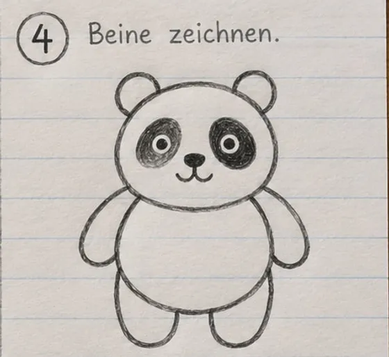 Feld 4: fertige Strichzeichnung mit zwei kurzen Beinen und runden Füßen.