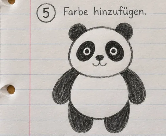 Feld 5: Ohren, Augenflecken, Arme und Beine schwarz ausgemalt.